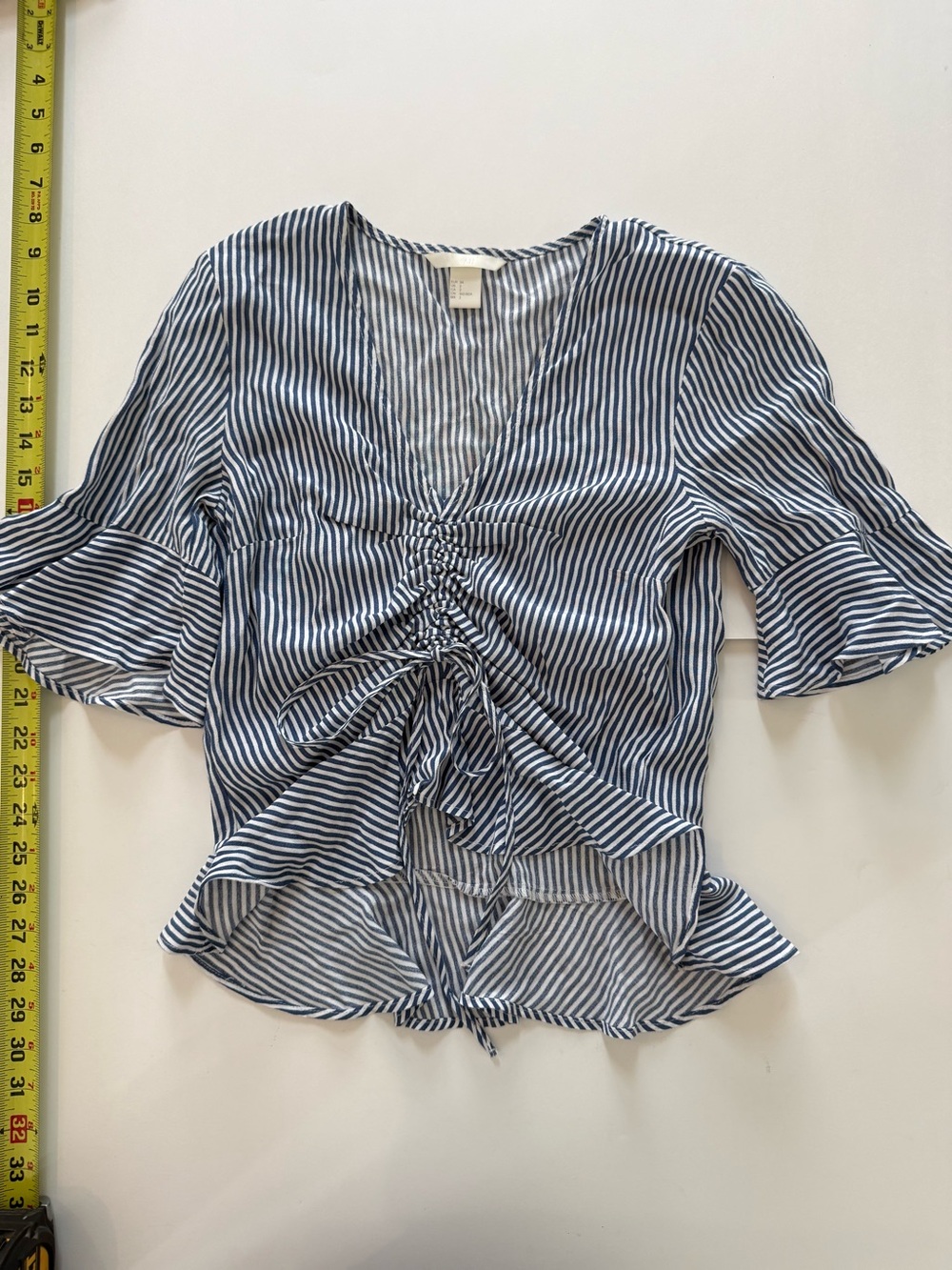 H&M Navy and White Striped Ruched Front Blouse